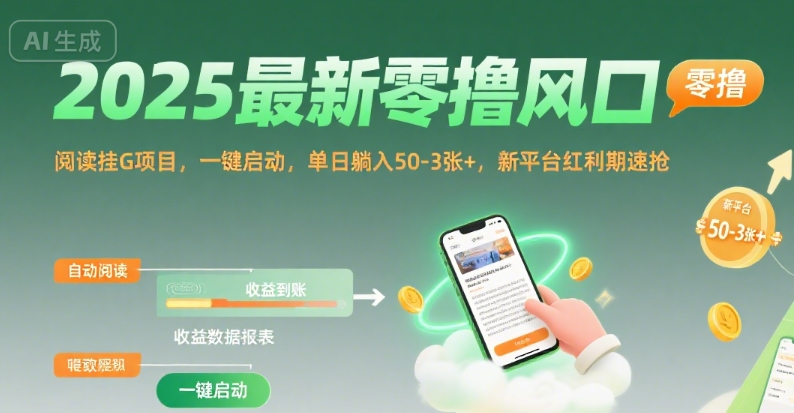 2025最新零撸风口，阅读挂G项目，一键启动，单日躺入 50-3张+，新平台红利期速抢【揭秘】-87创业网