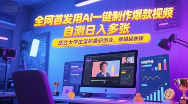 全网首发用AI一键制作爆款视频，自测日入多张，适合大学生宝妈兼职创业，保姆级教程-87创业网