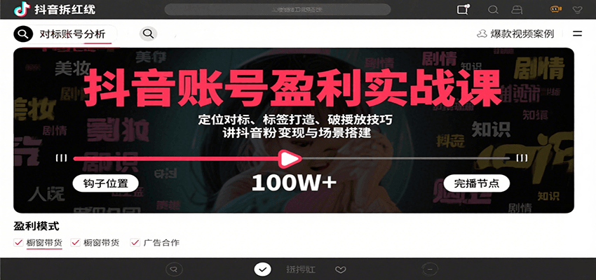 抖音账号盈利实战课，定位对标、标签打造、破播放技巧，讲涨粉变现与场景搭建-87创业网