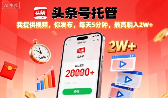 【头条号托管】我提供视频，你发布，每天5分钟，最高躺入2W+【揭秘】-87创业网
