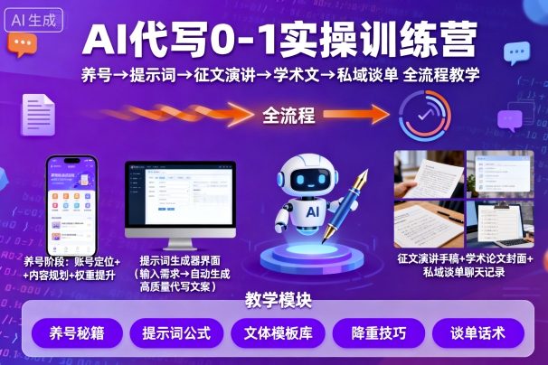 AI代写0-1实操训练营，从养号、提示词、征文演讲、学术文，到私域谈单的全流程教学-87创业网