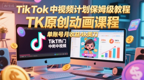 TikTok中视频计划保姆级教程，TK原创动画课程，单账号月收益4k美刀-87创业网