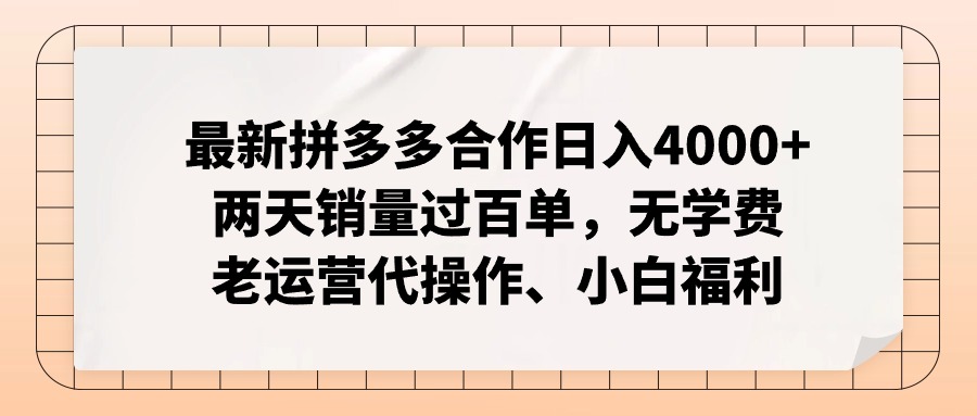 拼多多最新合作日入4000+两天销量过百单，无学费、老运营代操作、小白福利-87创业网