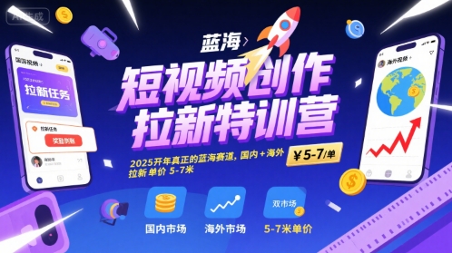 短视频创作拉新特训营，2025开年真正的蓝海赛道，国内+海外，拉新单价5-7米-87创业网