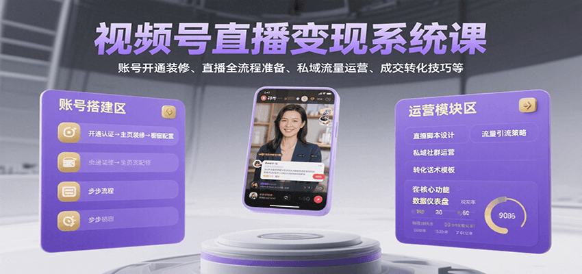 视频号直播变现系统课，账号开通装修、直播全流程准备、私域流量运营、成交转化技巧等-87创业网