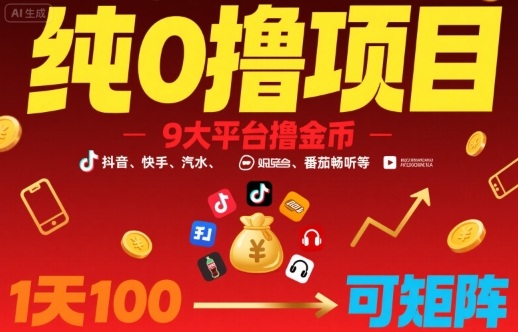 纯0撸项目，9大平台撸金币，抖音，快手，汽水，番茄畅听等，1天100，可矩阵-87创业网