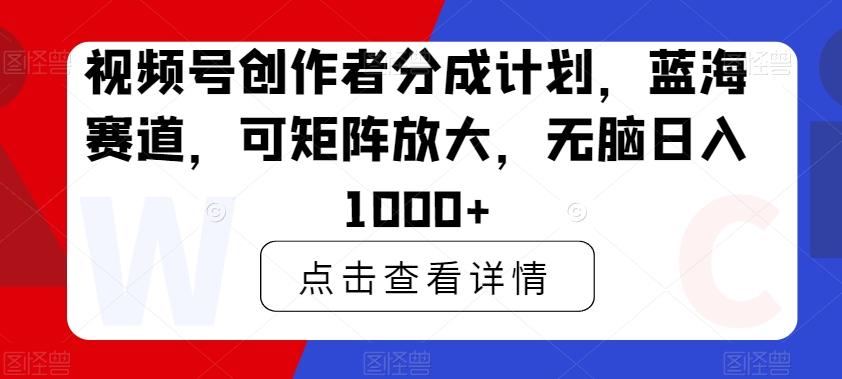 视频号创作者分成计划，蓝海赛道，可矩阵放大，无脑日入1000+-87创业网