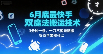 6月底最新快手双魔法搬运技术，3分钟一条，一刀不剪无脑搬，安卓苹果都可以-87创业网