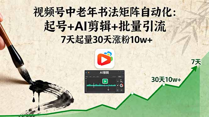 视频号中老年书法矩阵自动化：起号+AI剪辑+批量引流 7天起量30天涨粉10w+-87创业网