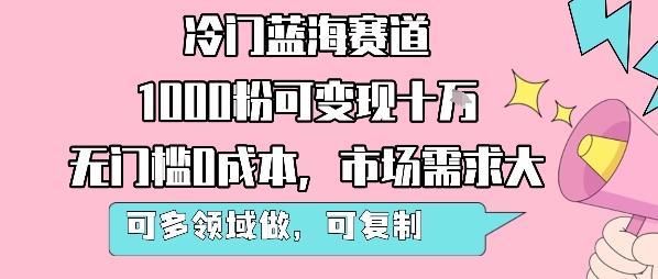 冷门蓝海赛道，1000粉可变现十W，无门槛0成本，市场需求大，可多领域做，可复制性强-87创业网