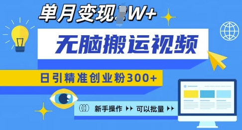 无脑搬运视频号可批量复制，新手即可操作，日引精准创业粉300+，月变现过W 【揭秘】-87创业网