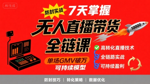 无人直播带货全链防封实战课，7天掌握高转化直播技术，实现单场GMV破万可持续模型-87创业网
