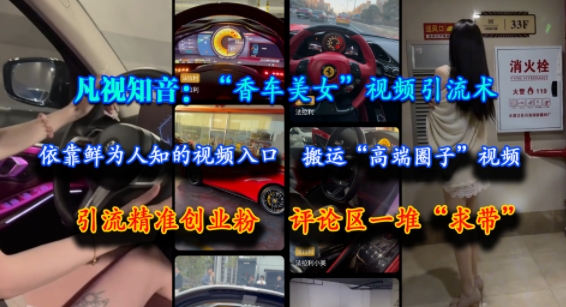 凡视知音：“香车美女”视频引流术，依靠鲜为人知的视频入口，搬运“高端圈子”视频，引流精准创业粉，评论区一堆“求带”-87创业网