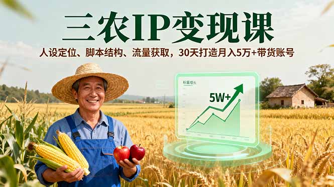三农IP变现课，人设定位、脚本结构、流量获取，30天打造月入5万+带货账号-87创业网