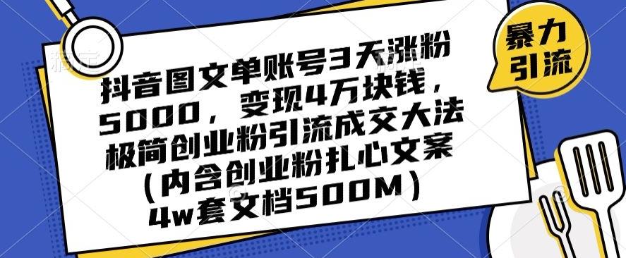 抖音图文单账号3天涨粉5000，变现4万块钱，极简创业粉引流成交大法-87创业网