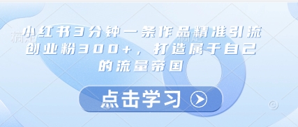 小红书3分钟一条作品精准引流创业粉300+，打造属于自己的流量帝国-87创业网