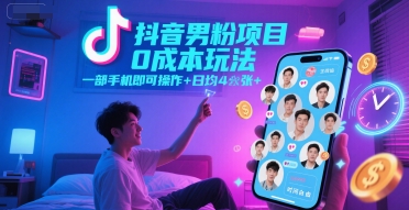抖音男粉项目0成本玩法，一部手机即可操作，日均4张+，时间自由-87创业网