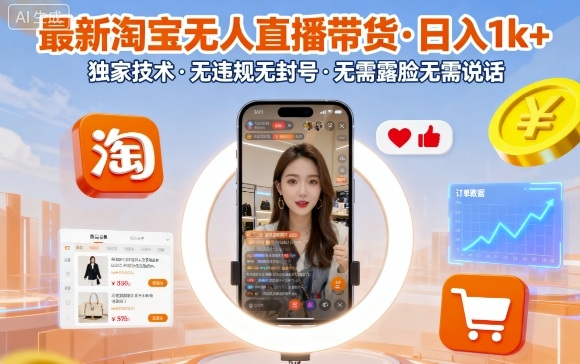 最新淘宝无人直播带货，日入1k+，独家技术，无违规无封号，无需露脸无需说话【揭秘】-87创业网