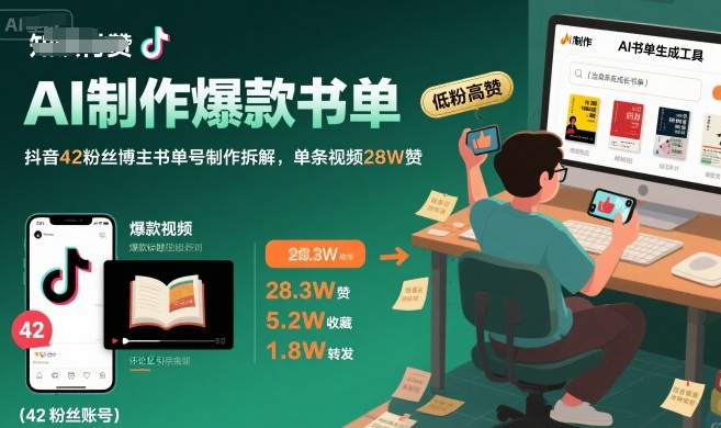 AI制作爆款书单，抖音42粉丝博主书单号制作拆解，单条视频28W赞-87创业网