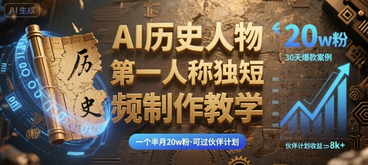 最新AI历史人物第一人称独白短视频制作教学，一个半月20w粉，可过伙伴计划-87创业网
