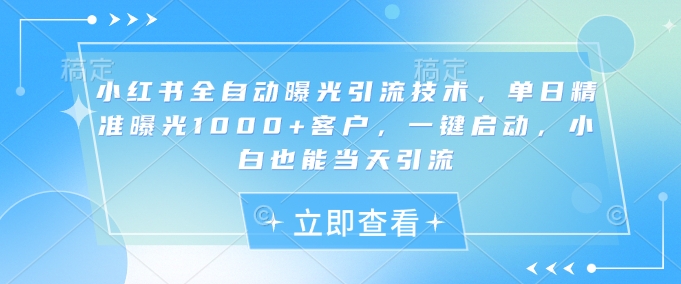 小红书全自动曝光引流技术，单日精准曝光1000+客户，一键启动，小白也能当天引流【揭秘】-87创业网