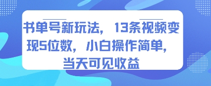 书单号新玩法，13条视频变现5位数，小白操作简单，当天可见收益-87创业网