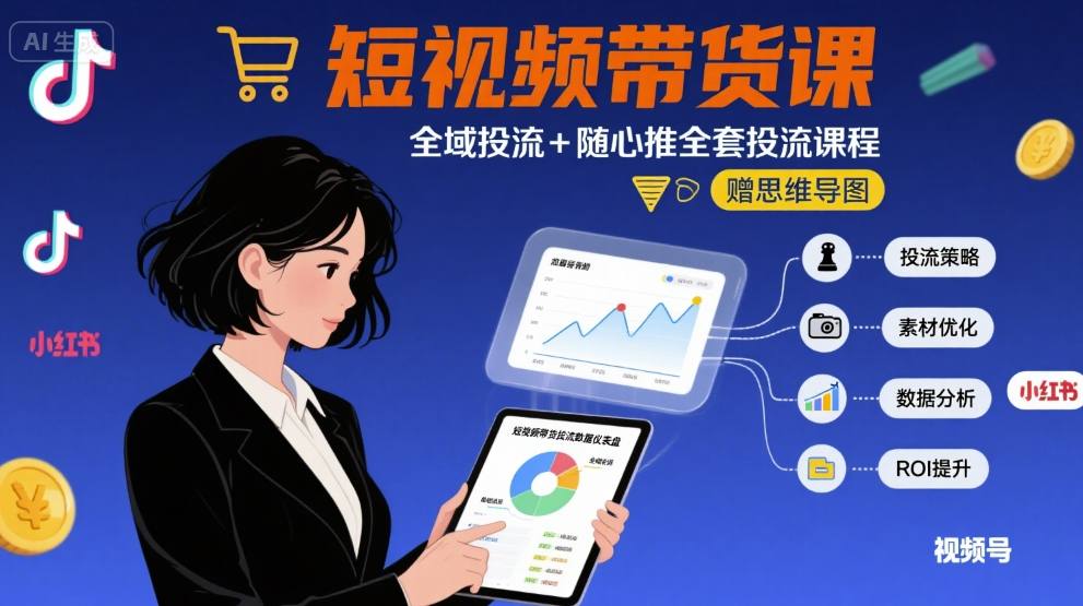 最新短视频带货课，全域投流+随心推全套投流课程+思维导图-87创业网