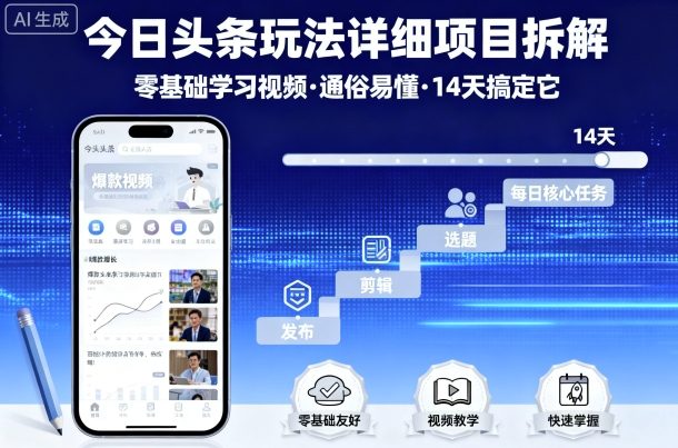 今日头条玩法详细项目拆解，零基础学习视频 通俗易懂 14天搞定它-87创业网