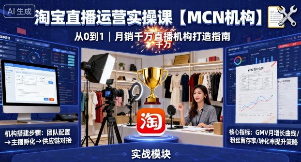淘宝直播运营实操课【MCN机构】，从0到1做一家月销千W的直播机构-87创业网