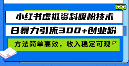 小红书虚拟资料吸粉技术，日暴力引流300+创业粉，方法简单高效，收入稳…-87创业网