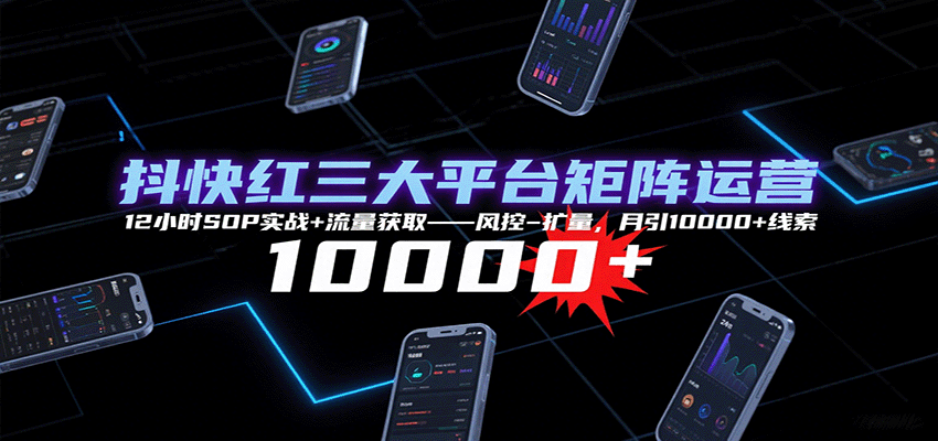 抖快红三大平台矩阵运营，12小时SOP实战+流量获取-风控-扩量，月引10000+线索-87创业网