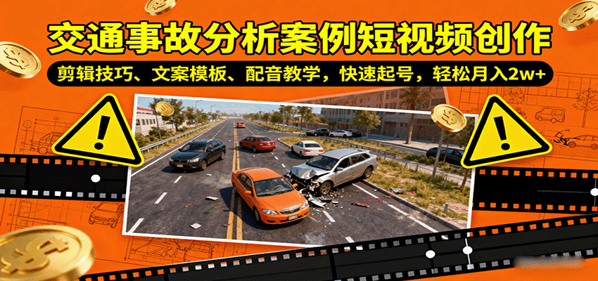 交通事故分析案例短视频创作，剪辑技巧、文案模板、配音教学，快速起号，轻松月入2w+-87创业网