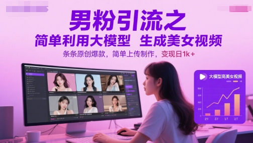 男粉引流之简单利用大模型生成美女视频，条条原创爆款，简单上传制作，变现日1k+-87创业网