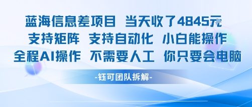 蓝海信息差项目当天收米1k+ 支持矩阵支持自动化小白能操作全程AI操作不需要人工你只要会电脑-87创业网