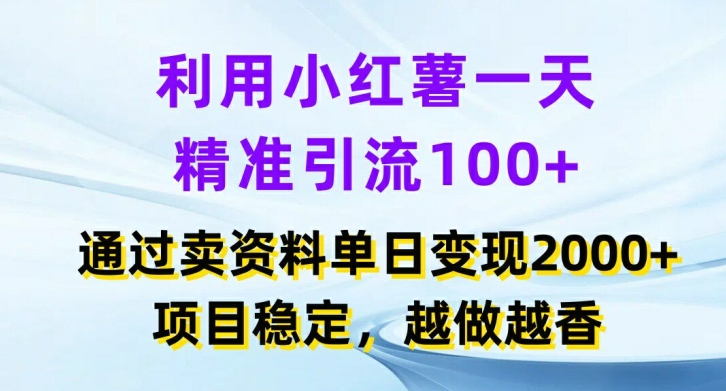 利用小红书一天精准引流100+，通过卖项目单日变现2k+，项目稳定，越做越香【揭秘】-87创业网