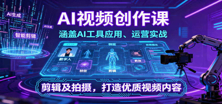 AI视频创作课，涵盖AI工具应用、运营实战、剪辑及拍摄，打造优质视频内容-87创业网