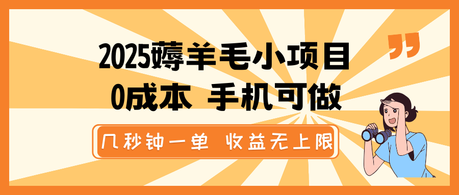 2025薅羊毛小项目，0成本 手机可做，几秒钟一单，收益无上限-87创业网