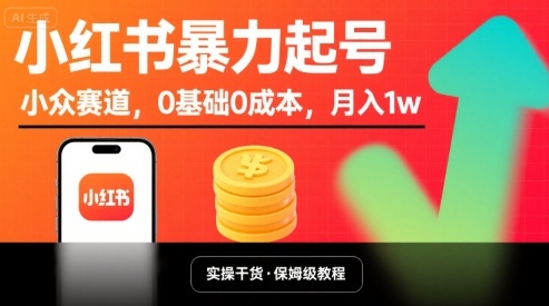 小红书暴力起号，小众赛道，0基础0成本，月入1w-87创业网