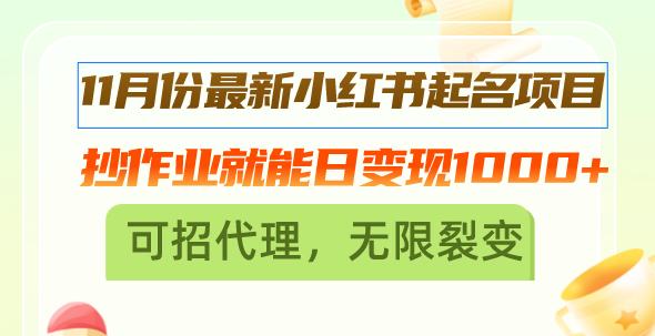 11月份最新小红书起名项目，抄作业就能日变现1000+，可招代理，无限裂变-87创业网