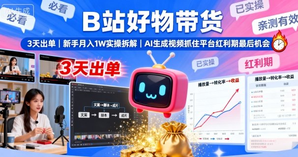 B站好物带货，3天出单，新手月入1W实操拆解，AI生成视频，抓住平台红利期最后机会-87创业网