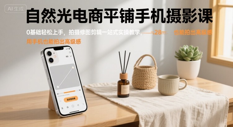 自然光电商平铺手机摄影课，0基础轻松上手，拍摄修图剪辑一站式实操教学，用手机也能拍出高级感-87创业网