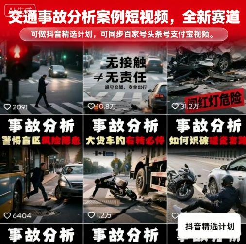 交通事故分析案例短视频，全新赛道，可做抖音精选计划，可同步百家号头条号支付宝视频号平台-87创业网