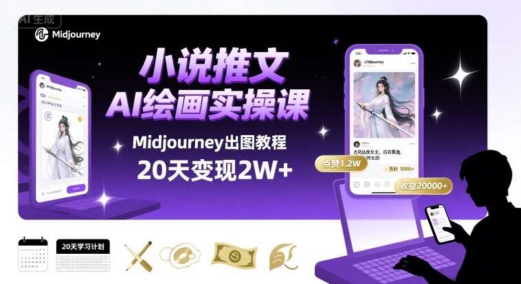 小说推文干货分享之AI绘画MJ出图实操课，用Midjourney做小说推文，20天挣2w-87创业网