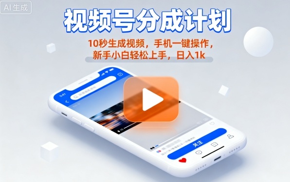视频号分成计划懒人玩法，10秒生成视频，手机一键操作，新手小白轻松上手，日入1K【揭秘】-87创业网