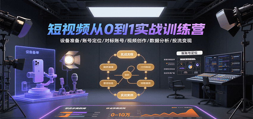 短视频从0到1实战训练营：设备准备/账号定位/对标账号/视频创作/数据分析/投流变现-87创业网