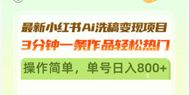 最新小红书Ai洗稿变现项目 3分钟一条作品轻松热门 操作简单，单号日入800+-87创业网