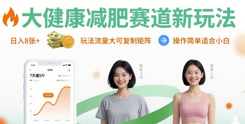 大健康减肥赛道新玩法日入8张，玩法流量大可复制矩阵，操作简单适合小白-87创业网