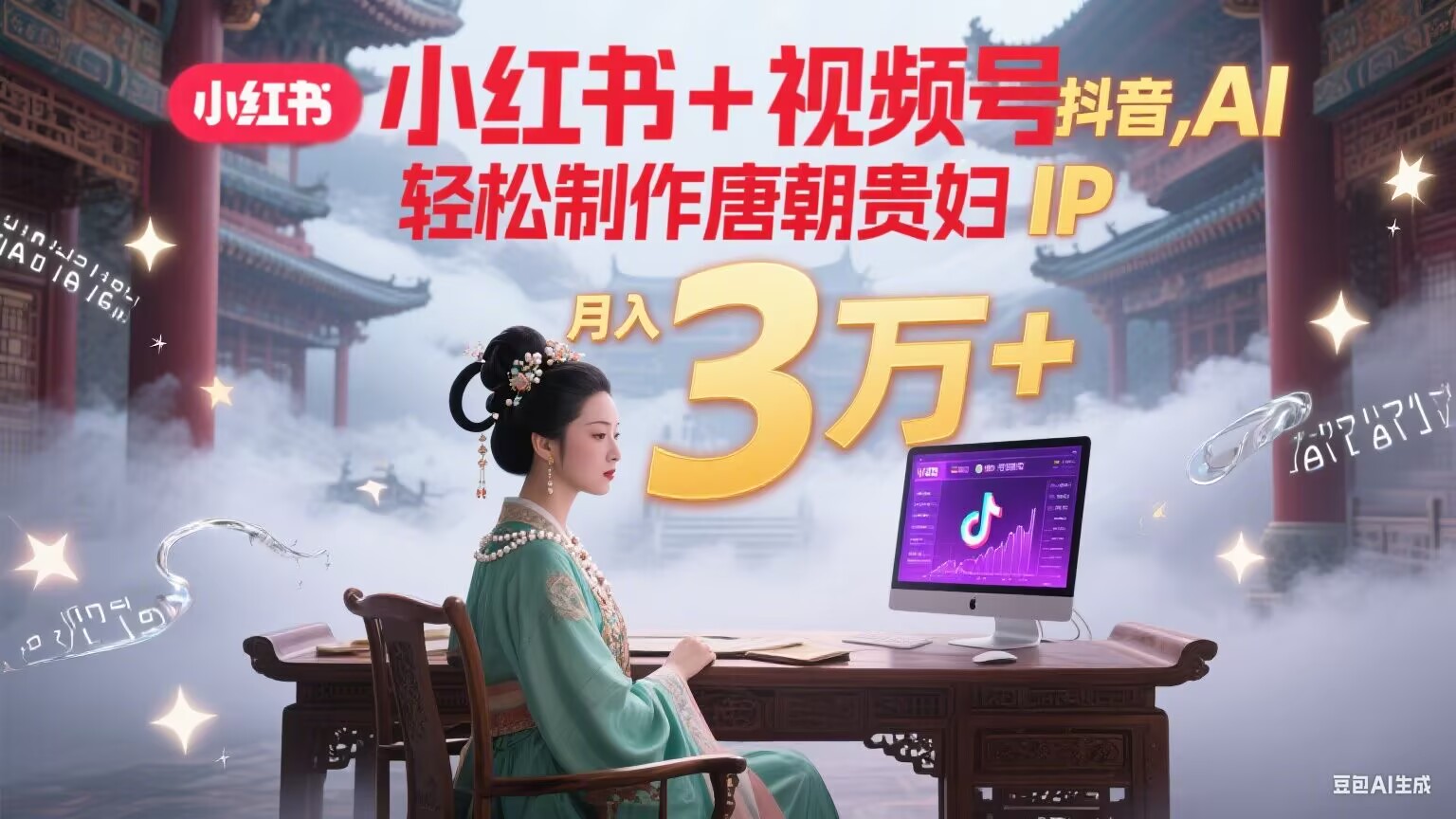 小红书+视频号+抖音，AI轻松制作唐朝贵妇IP，毒鸡汤、励志、减肥瘦身、养生赛道轻松切入，每天30分钟，轻松产出N条，月入3万+-87创业网