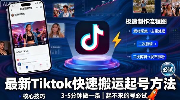 最新Tiktok快速搬运快速起号方法，3-5分钟做一条，起不来的号可以试试-87创业网