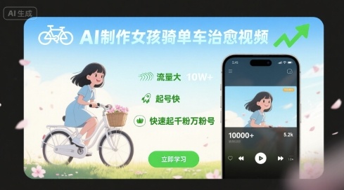 AI制作女孩骑单车治愈视频，流量大，起号快，快速起千粉万粉号-87创业网